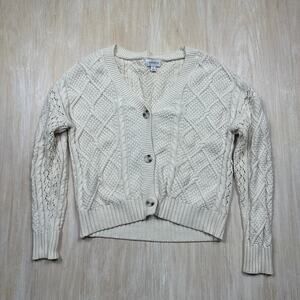 Evereve Cream Cable Knit Cardigan Sweater 100% Cotton Button Front Chunky Small